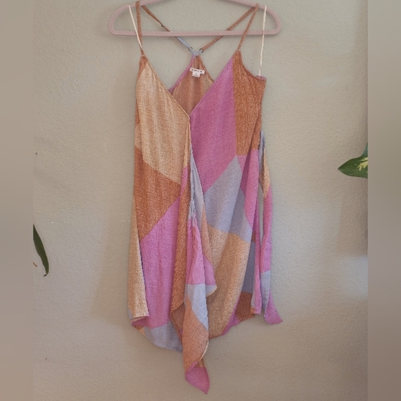 O'Neill Marlo Beige Icy Blue Pastel Pink Flowy Silky Halter Coastal Wrap Dress - Picture 6 of 12